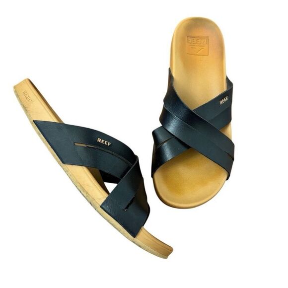 Reef Women's Cushion Spring Bloom Double Strap Sandal Black Faux Leather Size 7 - Picture 1 of 7